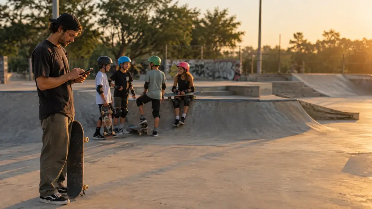 Instrutor de skate fazendo a chamada no celular na pista, com quatro alunos de capacete ao fundo