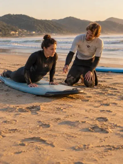 Instrutor de surf ajoelhado na areia orientando uma aluna deitada na prancha, ao pôr do sol
