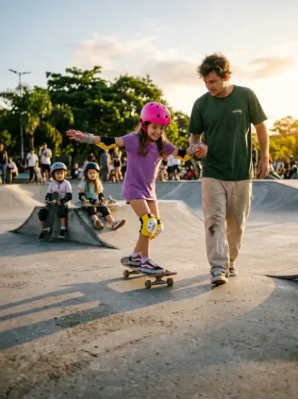 Professor de skate segurando a mão de uma menina de capacete que se equilibra no skate, na pista