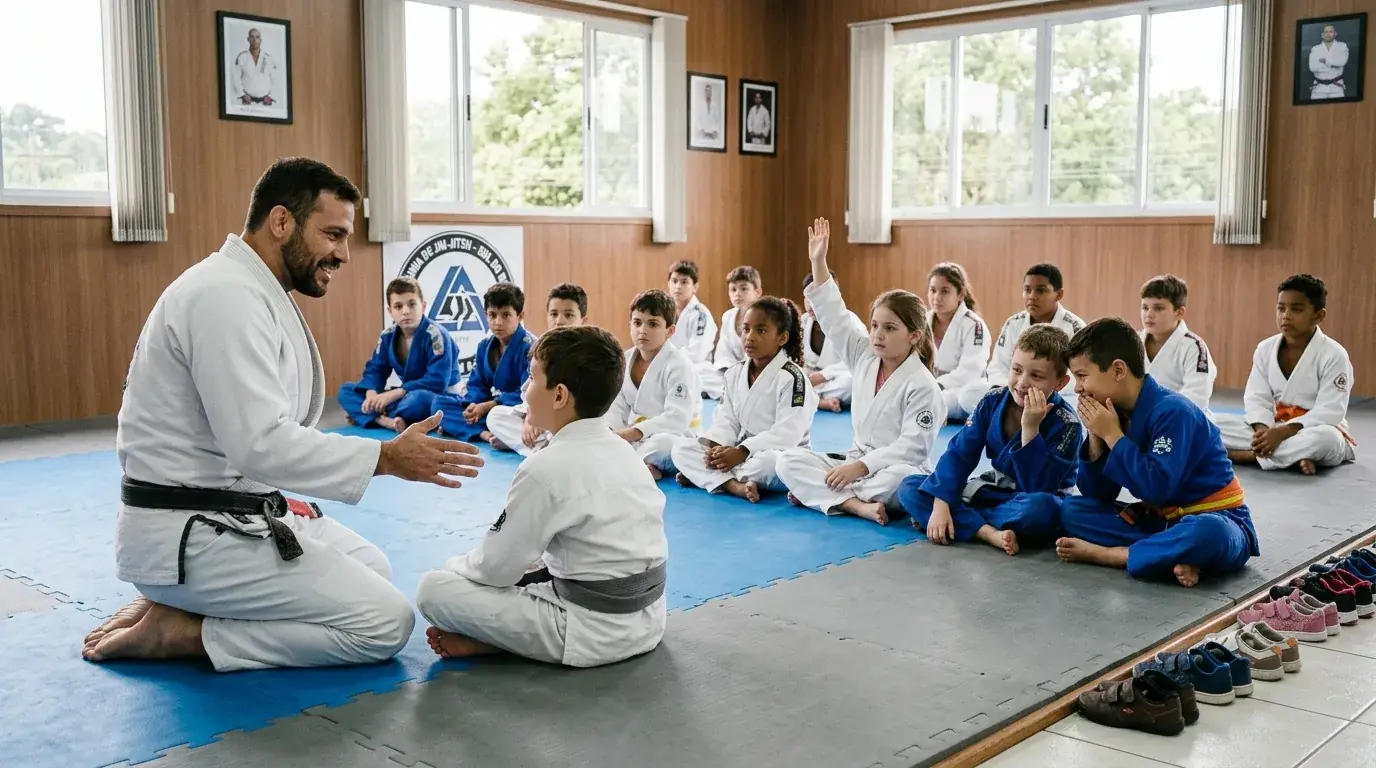 Professor de jiu-jitsu ajoelhado no tatame conversando com uma turma de crianças de quimono