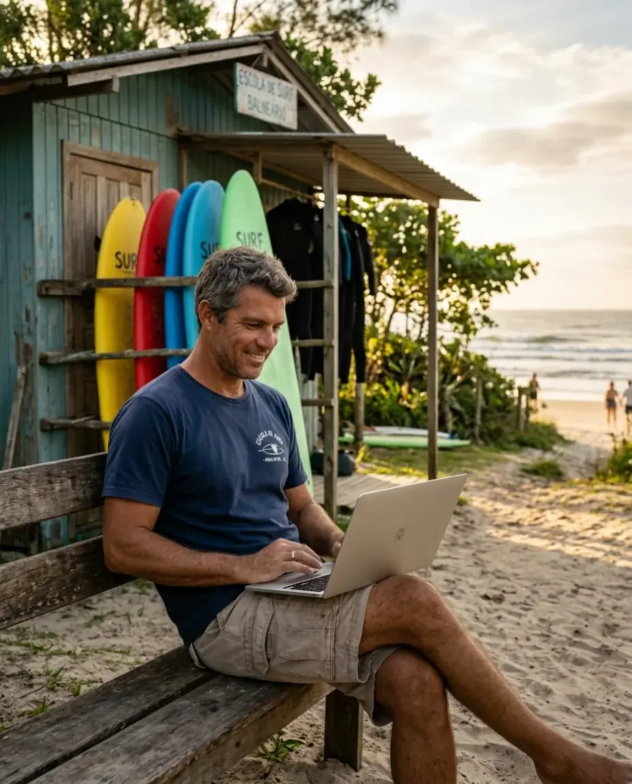 Dono de escola de surf sorrindo com o notebook no colo, sentado num banco em frente à escola na praia