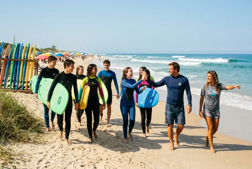 Instrutores e alunos de surf caminhando pela praia com as pranchas, rindo e se cumprimentando